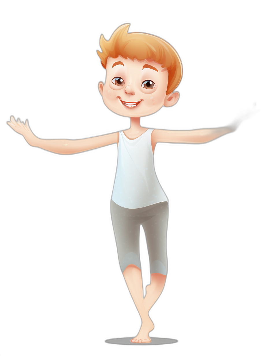 A young boy with short blonde hair, wearing a white tank top and grey leggings, is smiling while doing a yoga warrior pose in the style of Pixar animation. He has brown eyes, pale skin, a very slim body shape, long legs, and tan feet. His hands have his fingers spread out wide to balance him. The cartoon should capture an energetic atmosphere with bright colors, a full body shot, high resolution, high detail, high quality, high definition, high contrast, in a hyper realistic style.