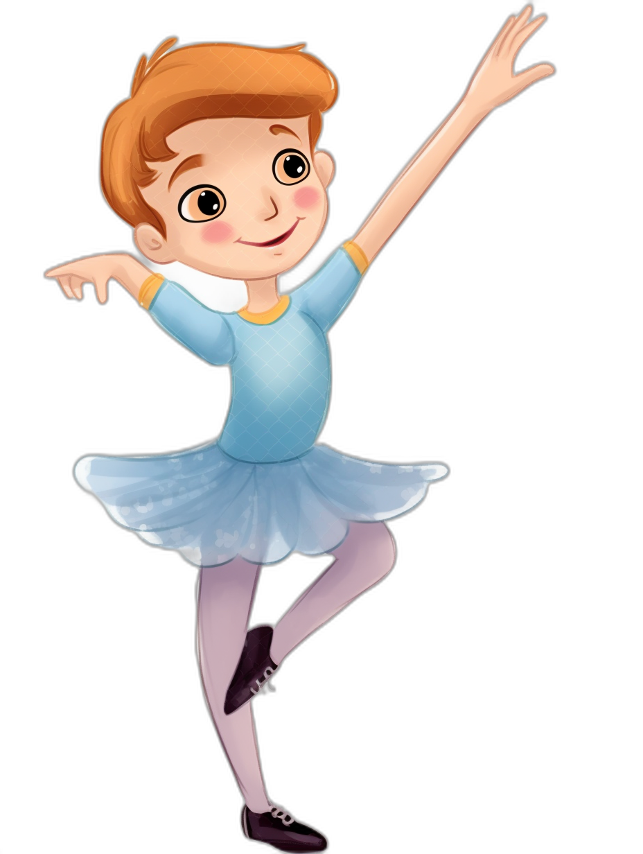 A young girl with short brown hair, wearing an elegant blue ballet outfit and dancing gracefully in the air in the style of Disney Pixar cartoon on a black background.