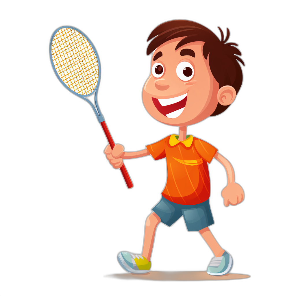 A young boy playing badminton, smiling and holding the racket in his hand, in a simple cartoon style with a black background.