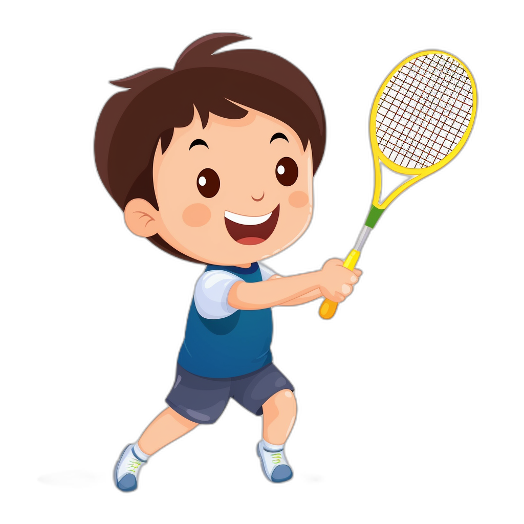 A little boy playing badminton in a vector illustration style with flat design and simple shapes on a black background as a cartoon character. The boy is smiling while holding the racket in his hand and running forward towards you to play badminton. He wears blue shorts over white shoes and has brown hair. A yellow tennis racquet hangs from one side of his head, ready for action.