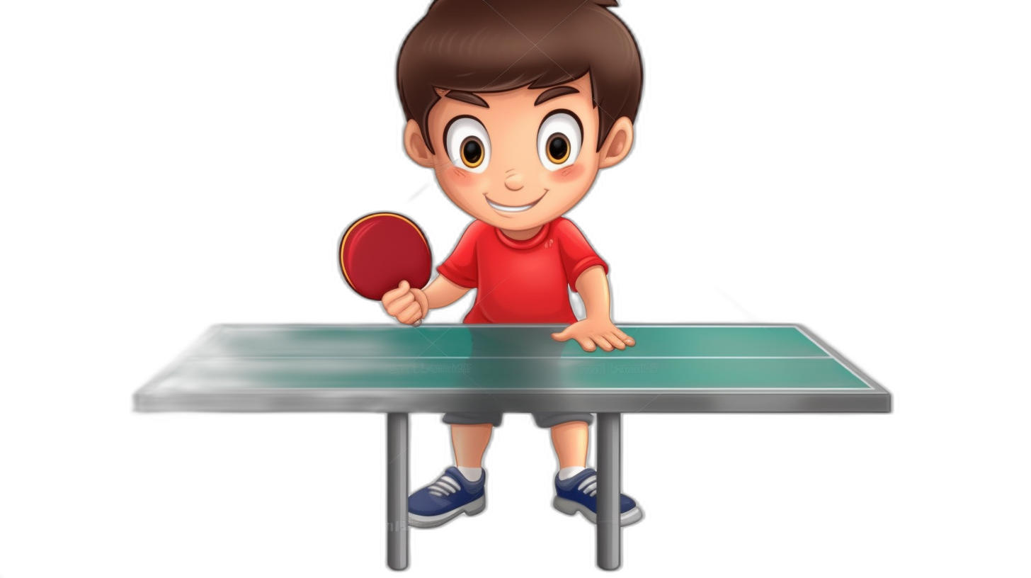 A cartoon character boy playing table tennis, holding a red bat and green ball on a black background with white lines. The boy has blue shoes in a front view. He is wearing a dark brown, short hairstyle and a red t-shirt. The man stands at an empty table with a bright smile on his face. He holds a red paddle in one hand. On top there should be some space for text or design.