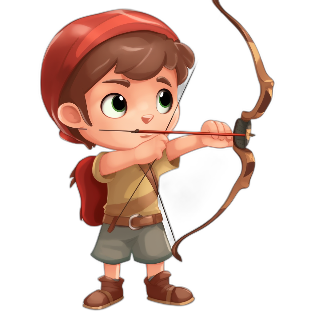 Cute cartoon boy shooting a bow and arrow in the style of a game avatar illustration on a black background. The cute cartoon design features a simple shaped full body front view wearing a red hat with green eyes and brown hair, along with a white short sleeved shirt and dark gray shorts. Bright colors and high definition details are used.