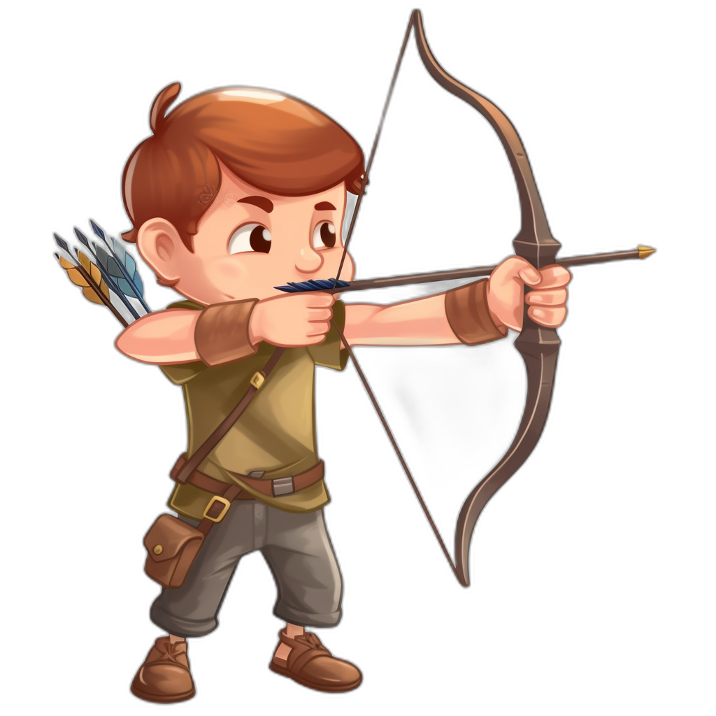 A cartoonstyle archer character with brown hair, holding an arrow and bow in his hand against black background, suitable for children’s game graphics or casual games. The design should be simple yet vibrant to appeal directly to kids’ illustrations style. Focus on making the character look friendly but brave as he wears cute and accessories like arrows tied around their waist and arms.