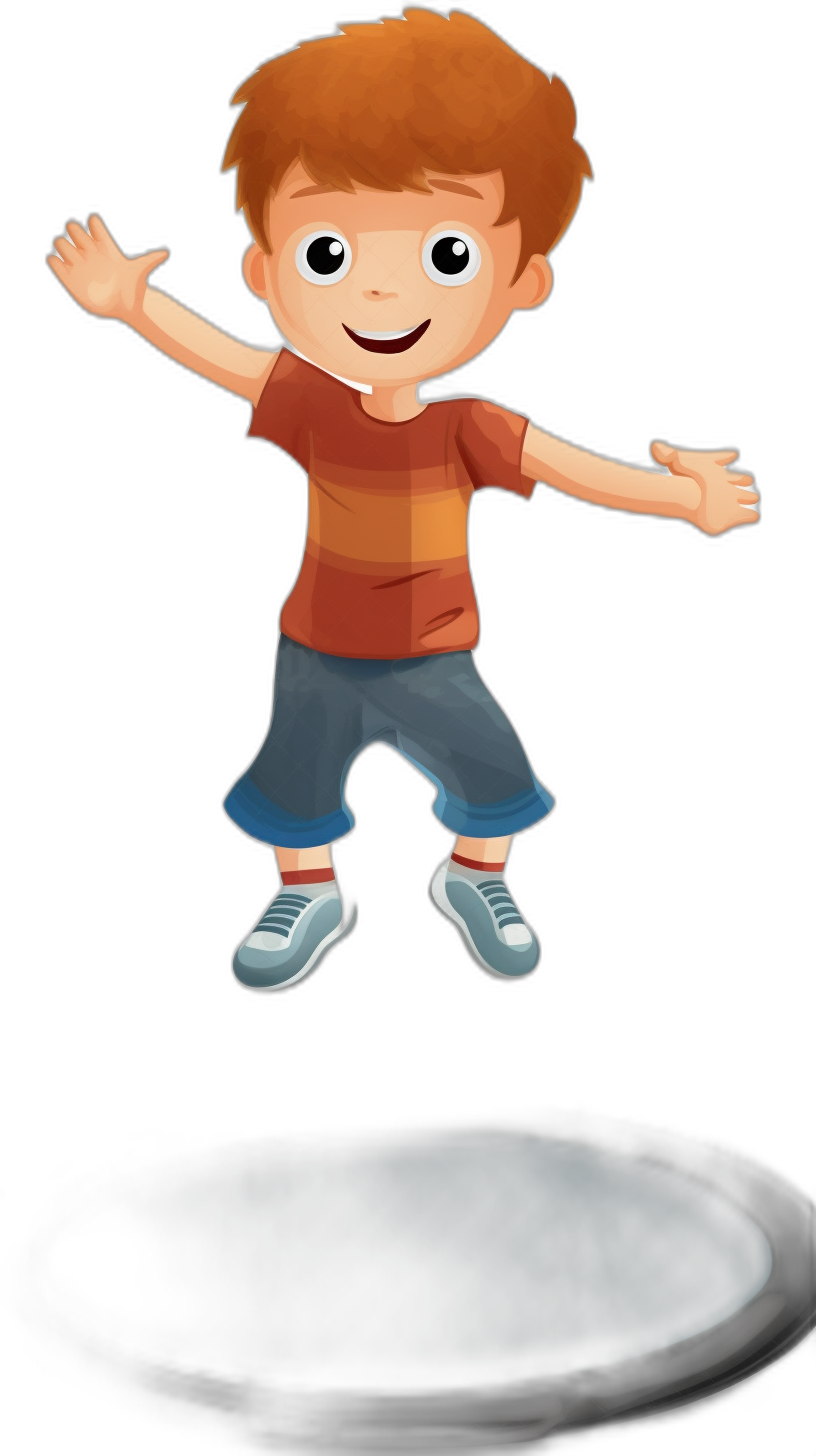 A cartoonstyle boy jumping in the air, with short brown hair and blue eyes wearing jeans and an orange shirt. He is depicted in fullbody view on black background, with no shadows or text, rendered using Pixar’s 3D rendering style. The focus should be on his happy expression as he jumps, capturing him midair. This scene will convey joy and excitement for children aged three to seven years old.,,,in