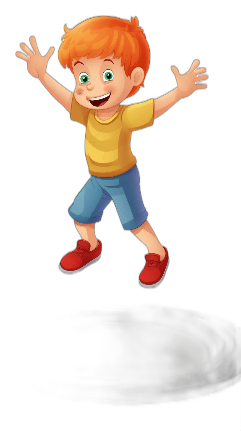 A cartoon illustration of a happy red-haired boy jumping full body in PNG format with a black background for cut out and in the style of Pixar.