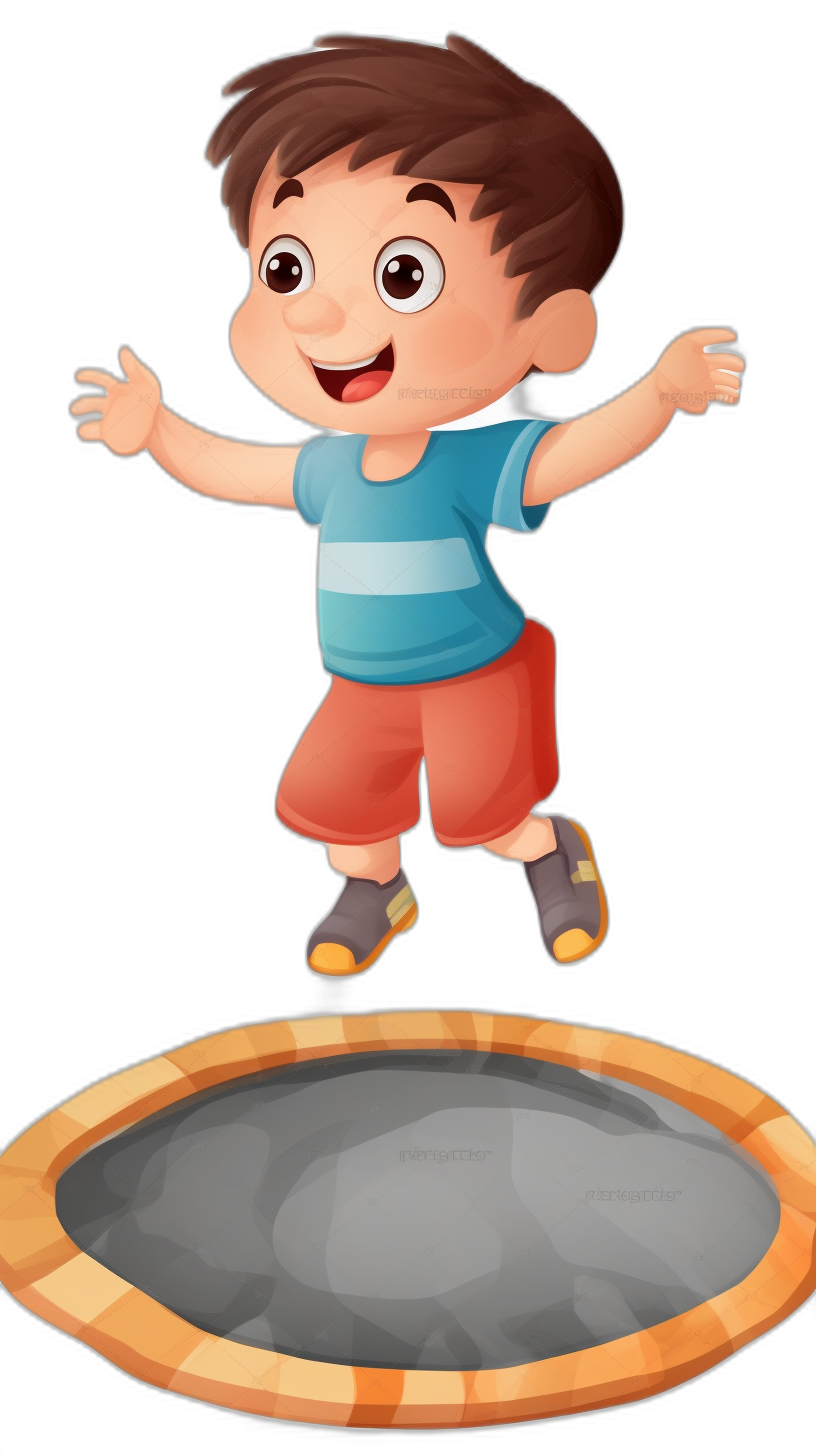 A cartoon boy is jumping on the trampoline with a black background and flat illustration style. He has brown hair, wearing blue short sleeves and red shorts, white socks, and a happy expression in a full body portrait. Bright colors are used with a cartoon animation style that includes high-definition details in high resolution and high quality vector graphics with simple lines and a simple drawing.