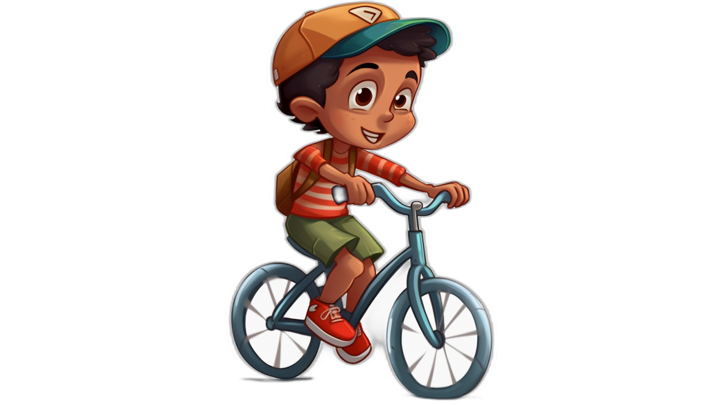 A cute cartoon character of an Indian boy wearing a cap and shorts, riding on a bicycle with a black background, in the style of Pixar.