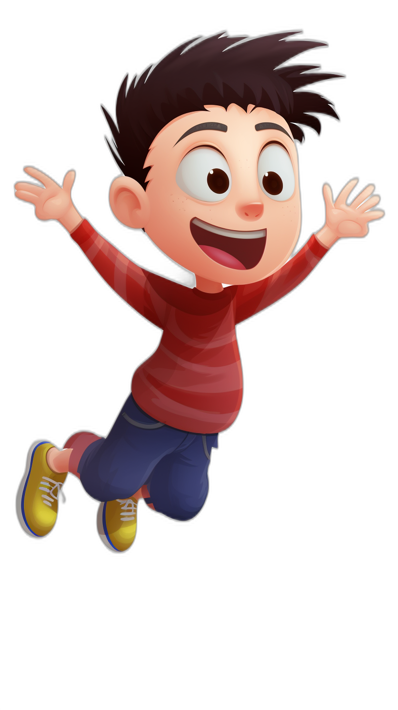 A cute cartoon boy jumping on a black background in the style of Pixar.