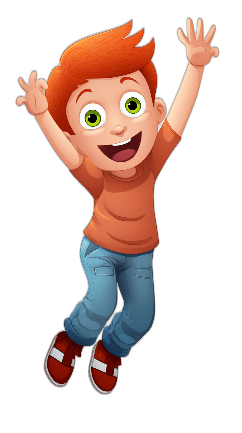 Cute cartoon character of happy boy with ginger hair, green eyes and blue jeans jumping in the air on black background, pixar style