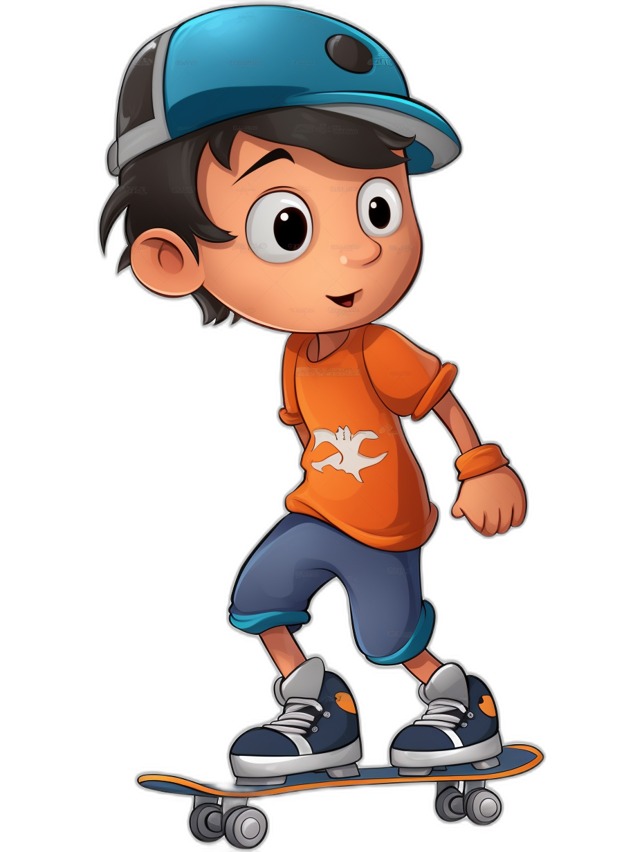 cartoon character of an Asian boy with black hair and blue eyes, wearing an orange shirt, dark grey pants, a navy cap with a white logo on it, skateboarding shoes, in the clip art style, isolated in a pure black background