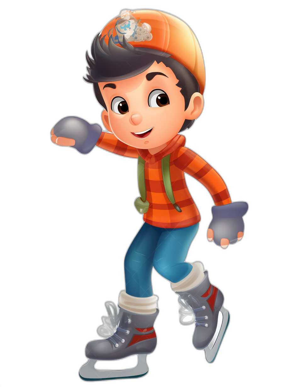 A cute boy ice skating, wearing an orange hat and plaid shirt with blue pants, in the style of a cartoon character, on a black background, in the Disney Pixar animation style, with colorful , wearing gray boots on his feet and gloves, with a happy expression and high definition details.