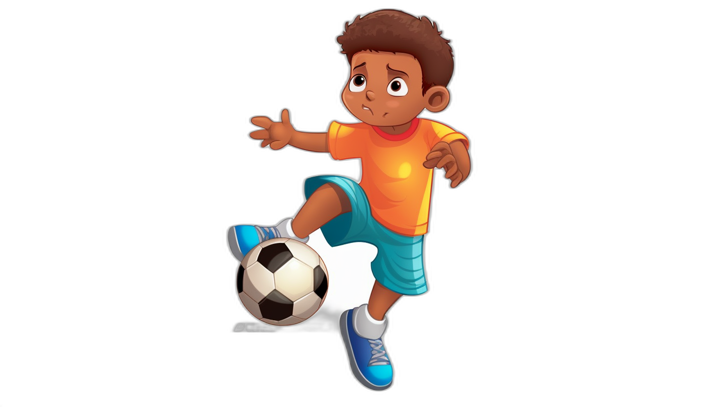 Cute cartoon character of an African American boy playing soccer, vector illustration with black background, in the style of 2d game art, in the style of 3D shading and lighting, cartooncore, high resolution, high quality