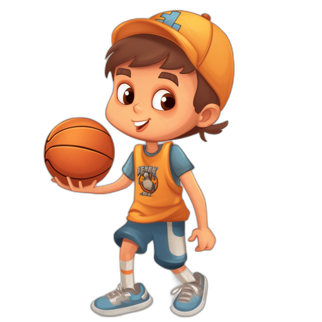 A cartoon boy in a basketball uniform, holding the ball with his right hand and wearing sneakers on a black background. He has brown hair and is smiling happily. The character design features bright colors and clear details, presenting an animated style. This illustration was created using Adobe Illustrator software. It’s suitable for use as an avatar or profile picture. in the style of an animated cartoon.