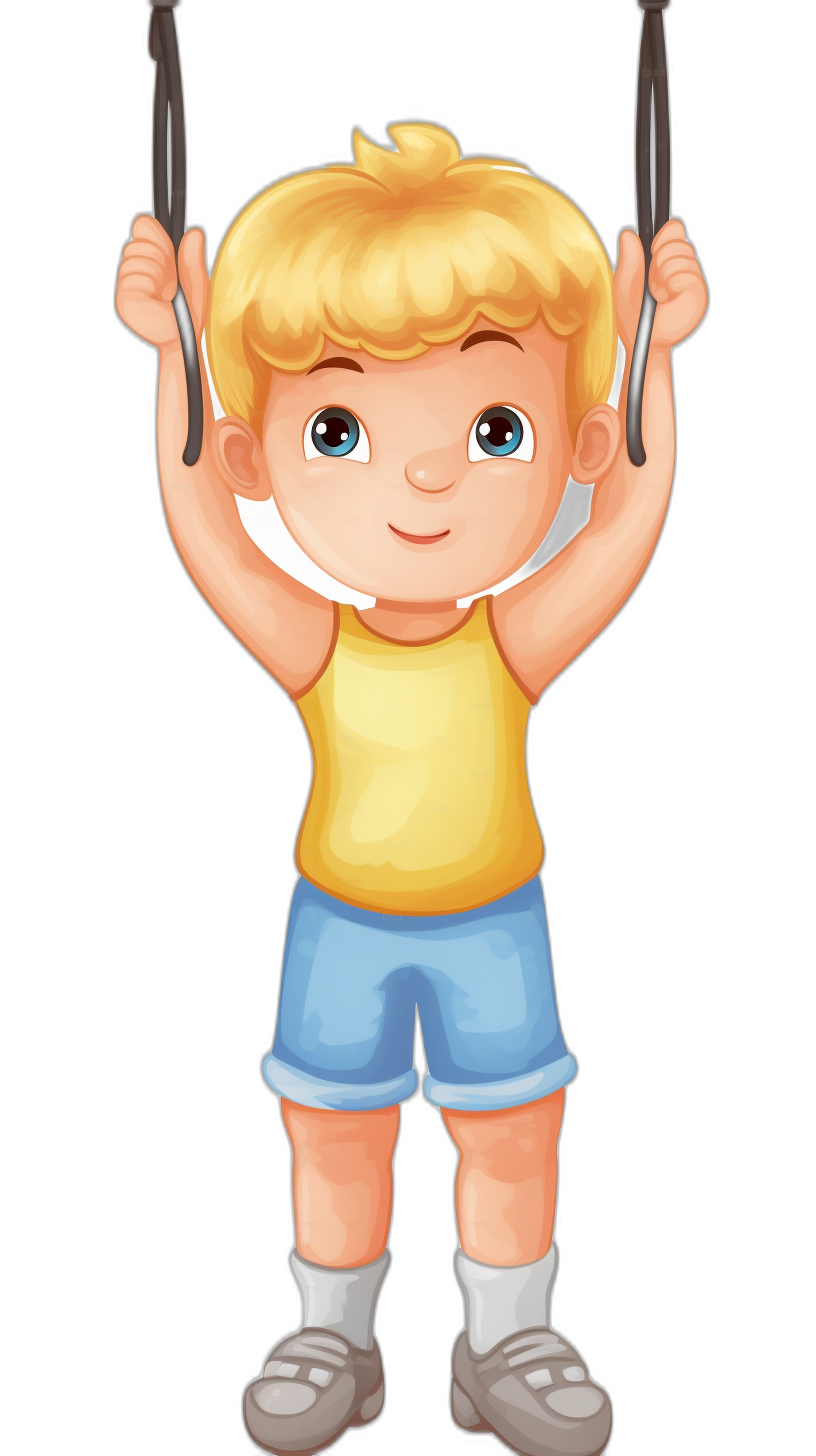 Cute cartoon vector style boy with blonde hair, doing pullups on black background. He is wearing blue shorts and yellow tshirt, white headband around his forehead. The little man has big eyes, smiling face expression, happy mood. His hands hang from the bar while he hangs upside down in an overhead column holding two long rubber socks with both feet. Black isolated background, colorful cartoon vector illustration.