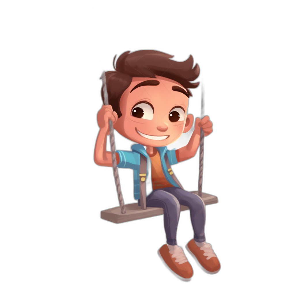 A cute cartoon avatar of an animated boy sitting on the swing, smiling and waving his hand with black background. The character is wearing casual  such as jeans or pants paired with sneakers. He has brown hair styled in short to medium length, giving him youthful charm. This illustration highlights vibrant colors and exaggerated expressions that add personality while maintaining clear details., focus on face