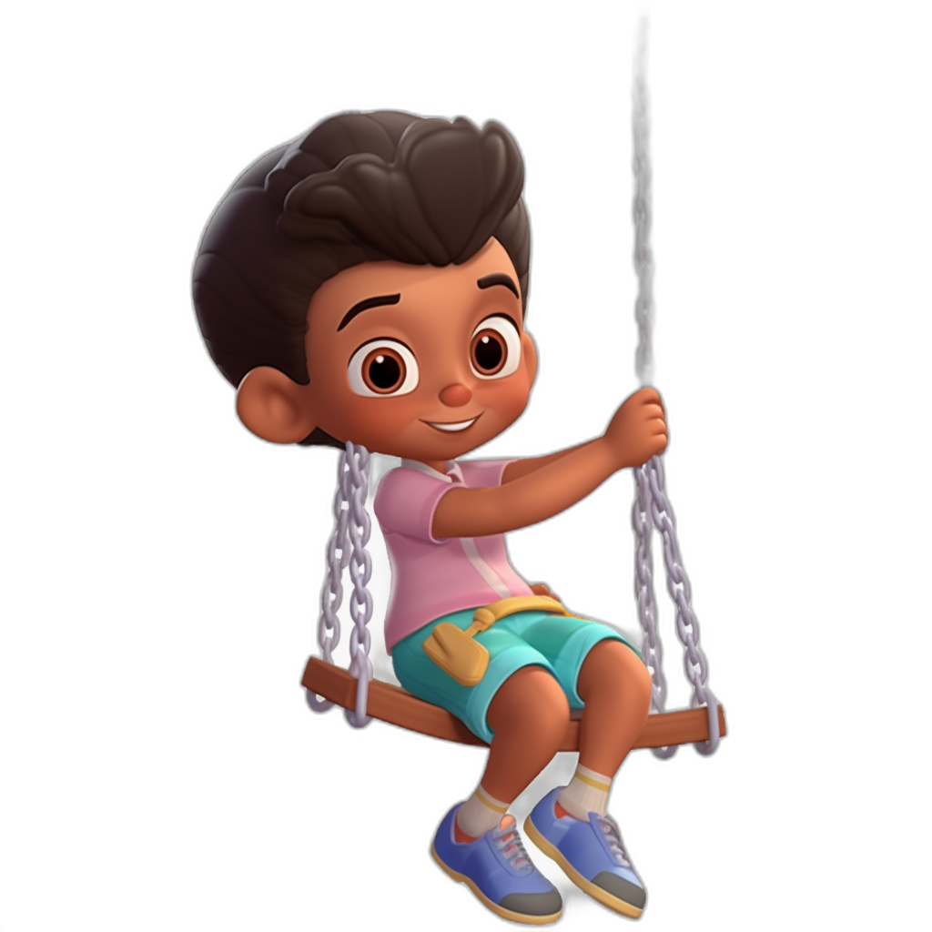 A cute little boy is sitting on the swing, wearing shorts and a pink t-shirt with blue shoes. He has dark brown hair, big eyes, and a smiling expression against a black background. The style is reminiscent of Disney and Pixar animation with character design elements from the cartoon animated film Liko & Elly. The 3D rendering provides high resolution, high details, and high quality with bright colors typical of 2D game art. The artwork is in the 4K resolution style with influences from cgsociety cartoon mis-en-scene.