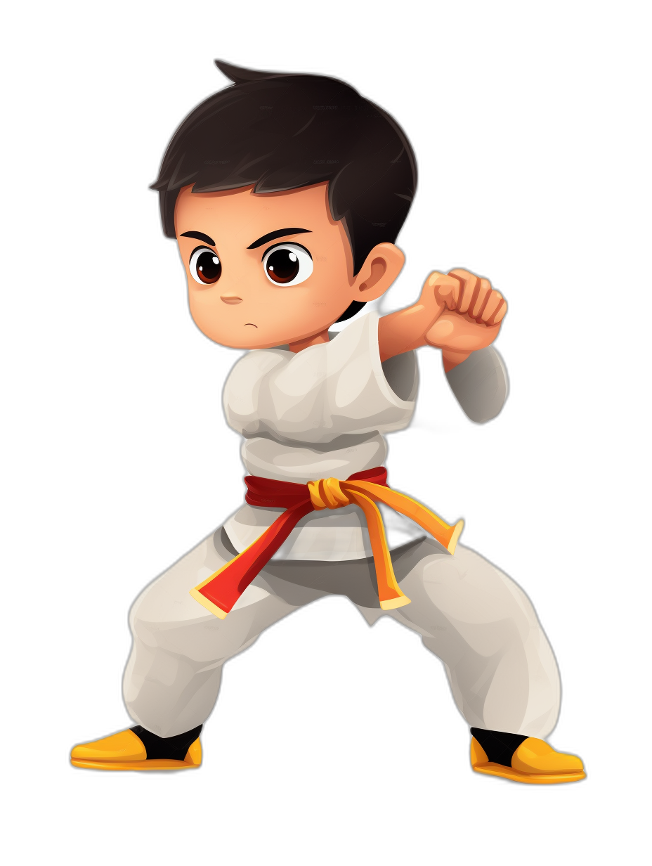 cartoon character of karate boy doing the ninja pose, white outfit with red belt, black background, chibi style, 2d game art, simple design, full body pose in the style of chibi art.