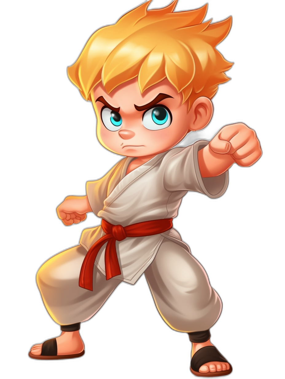 A cute chibi character of the main fighter from Street Fighter. The style is clean and simple with bold lines. The young boy has yellow hair and blue eyes, wearing white karate pants and black shoes. He is in a fighting pose. His red belt around his waist adds to his sense of strength and determination. Isolated on a black background.