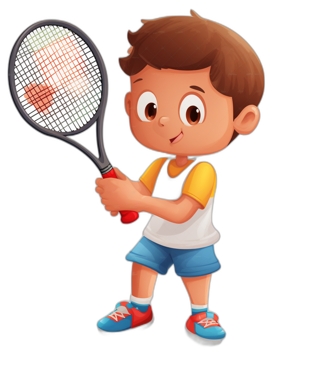 A boy playing tennis in the style of a cartoon on a black background. It is a full body illustration of a cute character for a children’s book. The illustration uses a white and red color palette with vibrant colors and high details. It is a high resolution digital art with high contrast, sharp focus, and the lighting resembles a professional studio.