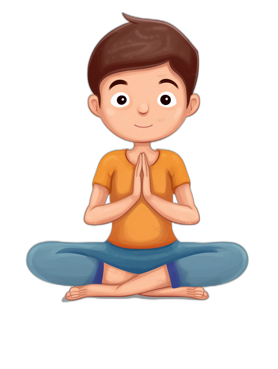 A cartoonstyle boy doing yoga, sitting in the lotus position with his hands folded together at chest level on black background. He has short brown hair and is wearing an orange tshirt over blue shorts. The illustration should be simple yet detailed enough to capture movement while maintaining clarity of form. This design will create a fun atmosphere for children’s book illustrations or digital marketing materials. vector Illustration