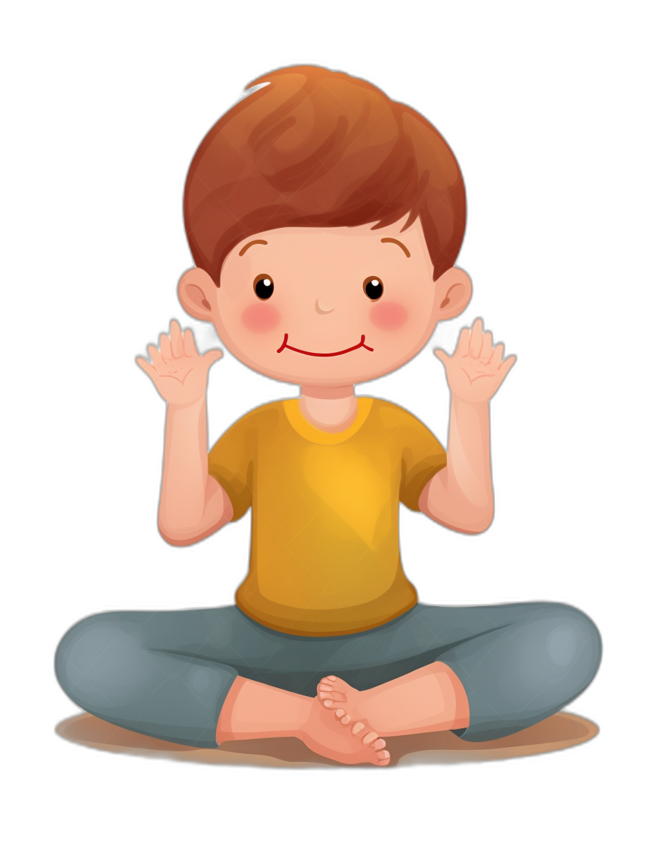 A cute little boy doing yoga, simple flat illustration style with black background and yellow tshirt. He is sitting on the floor in lotus position, smiling happily while making mudra hands gesture. The character has short brown hair and wears gray pants, embodying tranquility and balance., focus on face