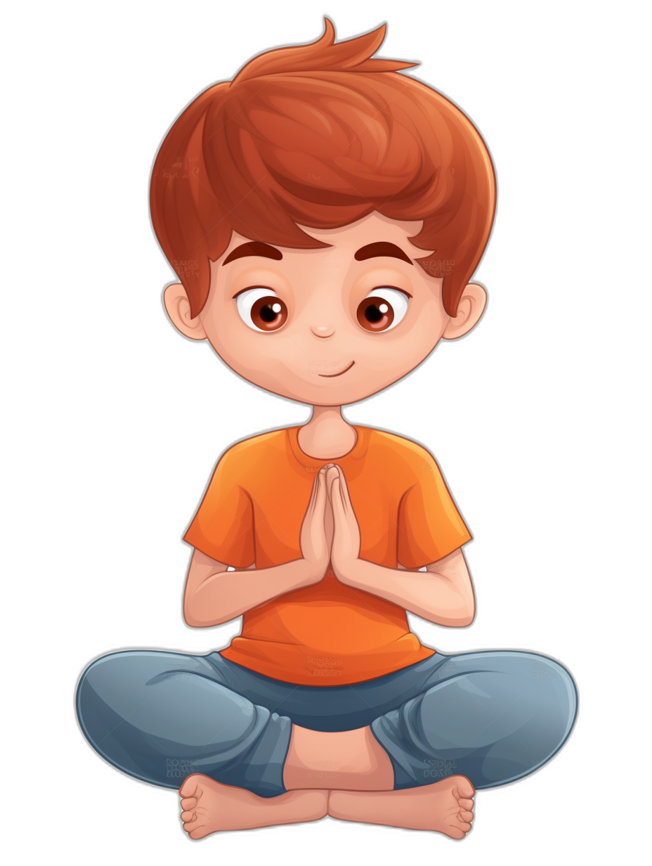 A cute cartoon boy doing yoga, with short hair and brown eyes wearing an orange t-shirt and blue pants sitting cross-legged on the floor facing forward with his hands clasped together in prayer. A full body shot vector illustration for children’s book on a black background, in the style of clipart.