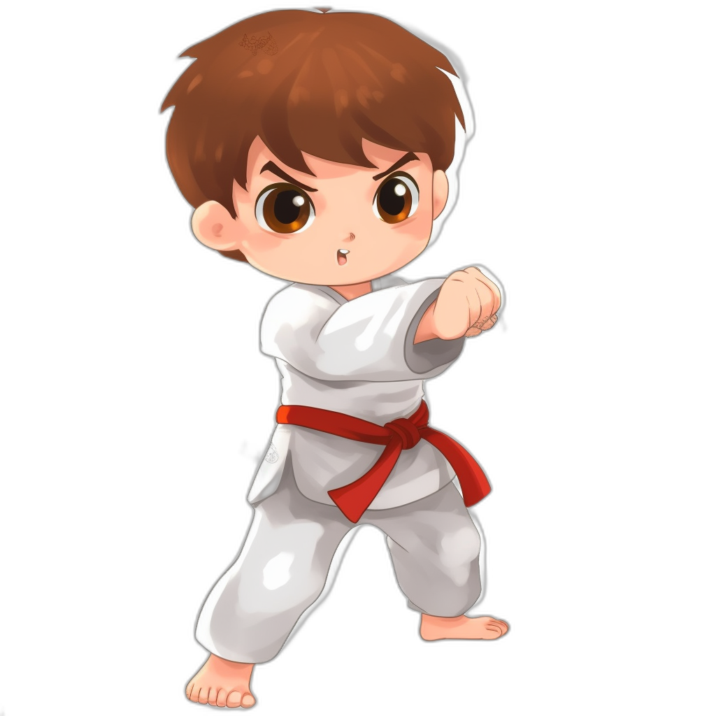 chibi style cartoon of karate boy with brown hair and white outfit, red belt, black background, full body shot