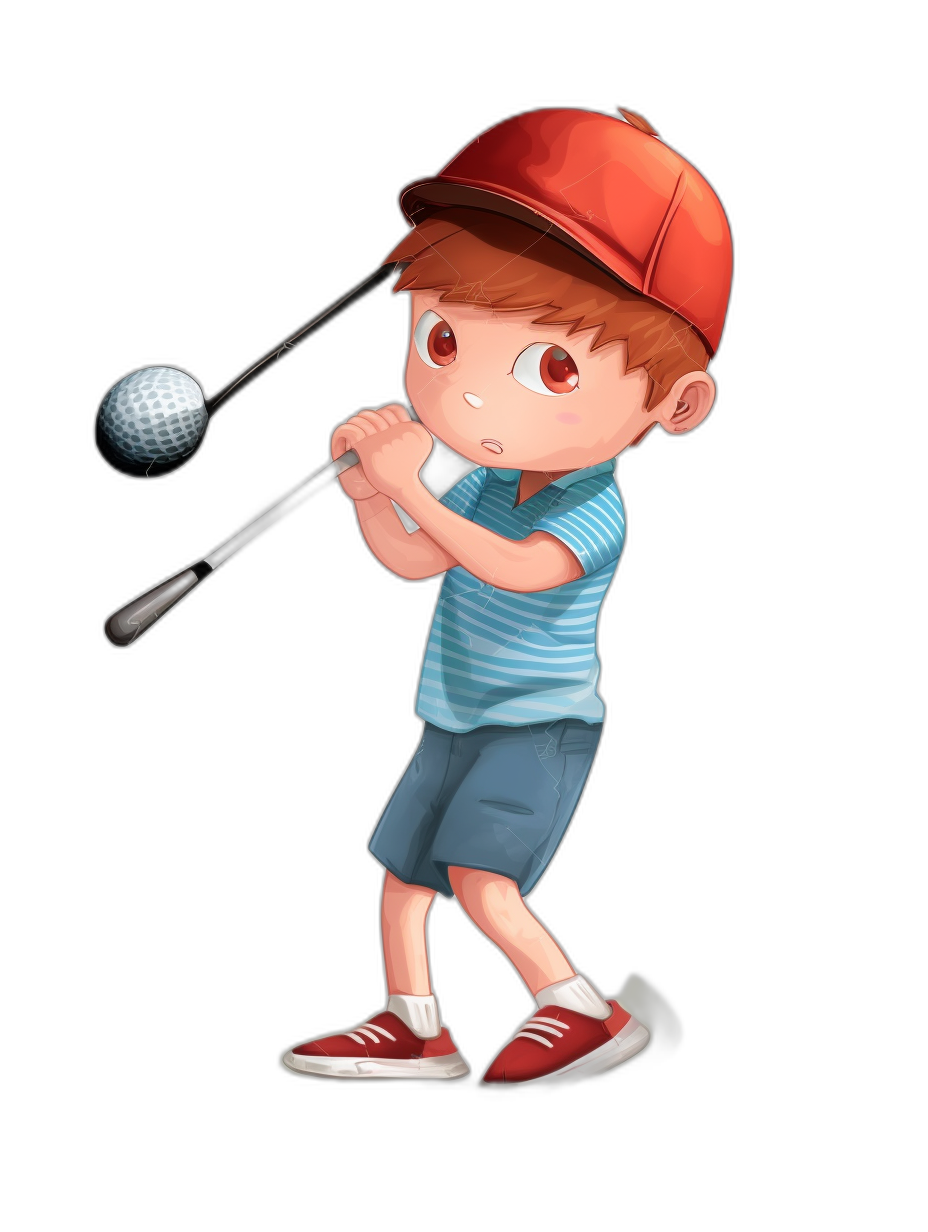 Cute cartoon boy playing golf, wearing a red cap and blue striped shirt with white shorts, his right hand holding a club hitting a ball, against a simple black background, in the 2D game art style, a cartoon character illustration in the children’s book illustration style, a cute style with a pure color scheme, a full body portrait with high definition resolution and high details.