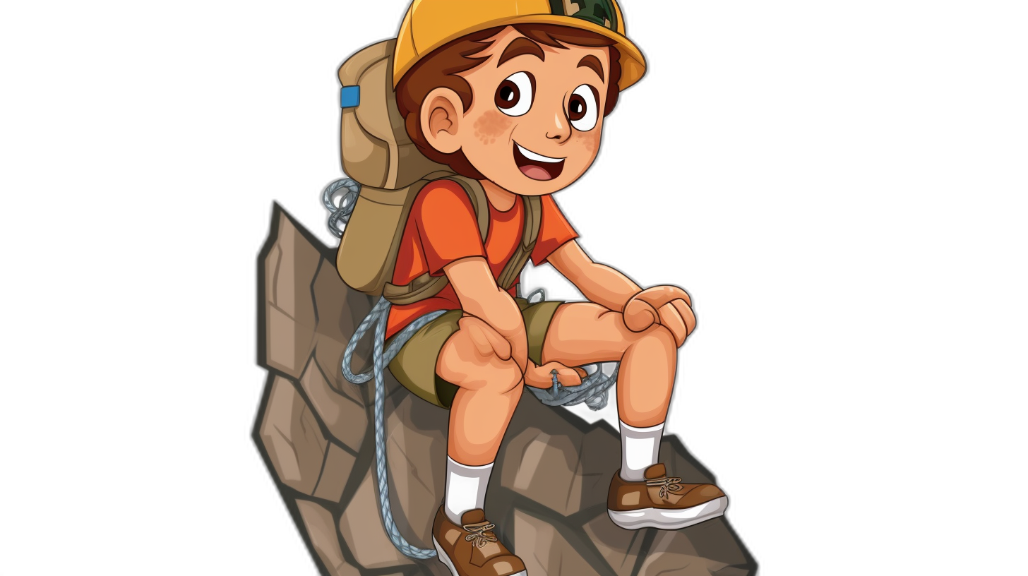 A cartoon-style boy in climbing gear is sitting on top of an unclimbable rock with his hands tied to the ground and holding onto a metal chain. He is wearing an orange short-sleeved shirt, green shorts, and white socks over a black background in the vector illustration style. The character is smiling and has brown hair and eyes. He wears a yellow hat and carries two backpacks behind him. There is no text or other elements present. It should be a simple yet detailed illustration that could be used as clipart.