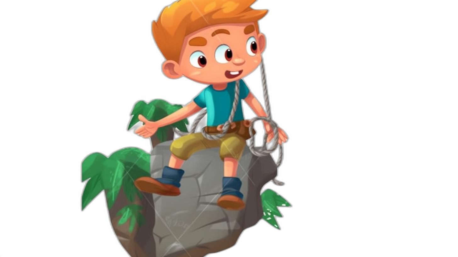 cartoon style character design of an adventurous boy with short blonde hair, climbing on rocks and hanging from vines, wearing shorts and a t-shirt, isolated black background, in the style of Pixar animation, simple design, full body shot, bright colors, 2D cartoon vector, detailed illustration, high resolution, professional color grading