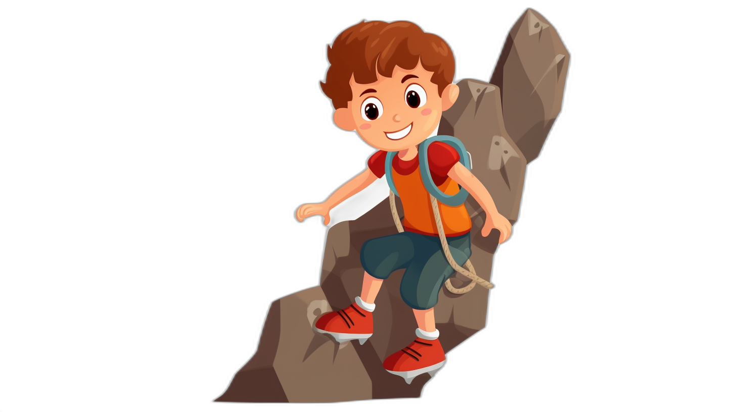 A cute cartoon boy climbing rocks, vector illustration with black background. The character is dressed in sportswear and has brown hair. He wears an orange vest over his red tshirt, blue shorts, white socks, and bright pink shoes. A backpack hangs on one shoulder as he stands at the top of some rock formations. In front of him lies a rope that leads to another side. His expression radiates joy and excitement for adventure., focus on face