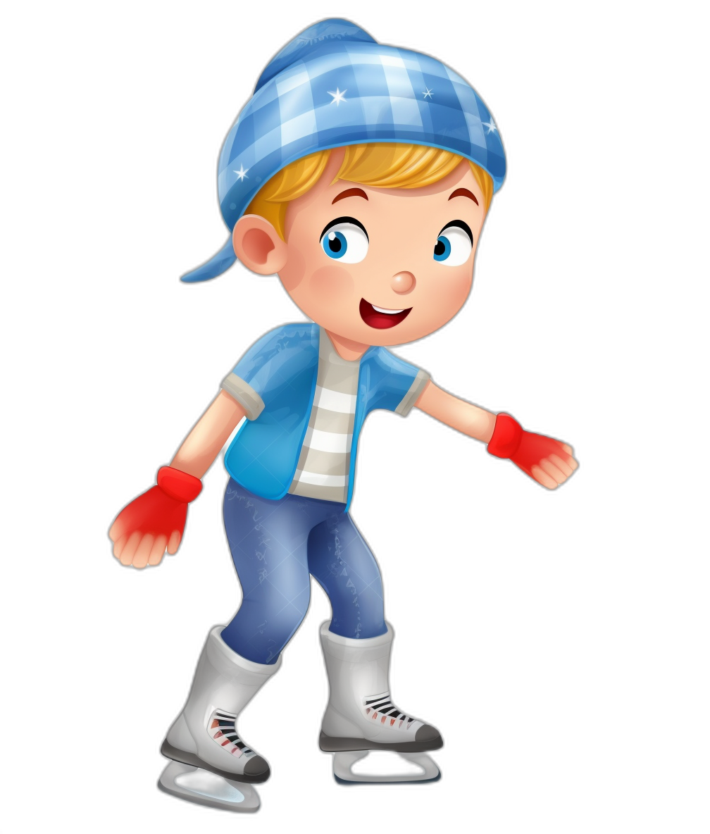 A cartoon boy ice skating, wearing a blue and white checkered hat with red gloves on his hands, against a black background, in a simple flat style, as a full body portrait, with a 3D rendering effect, at a high resolution, with a cartoon cute character design. The young man has blonde hair and is smiling while rollerblading. He wears skates under the feet of an illustration. A blue vest covers one shoulder, while the other arm hangs down. Dressed in winter . High definition.