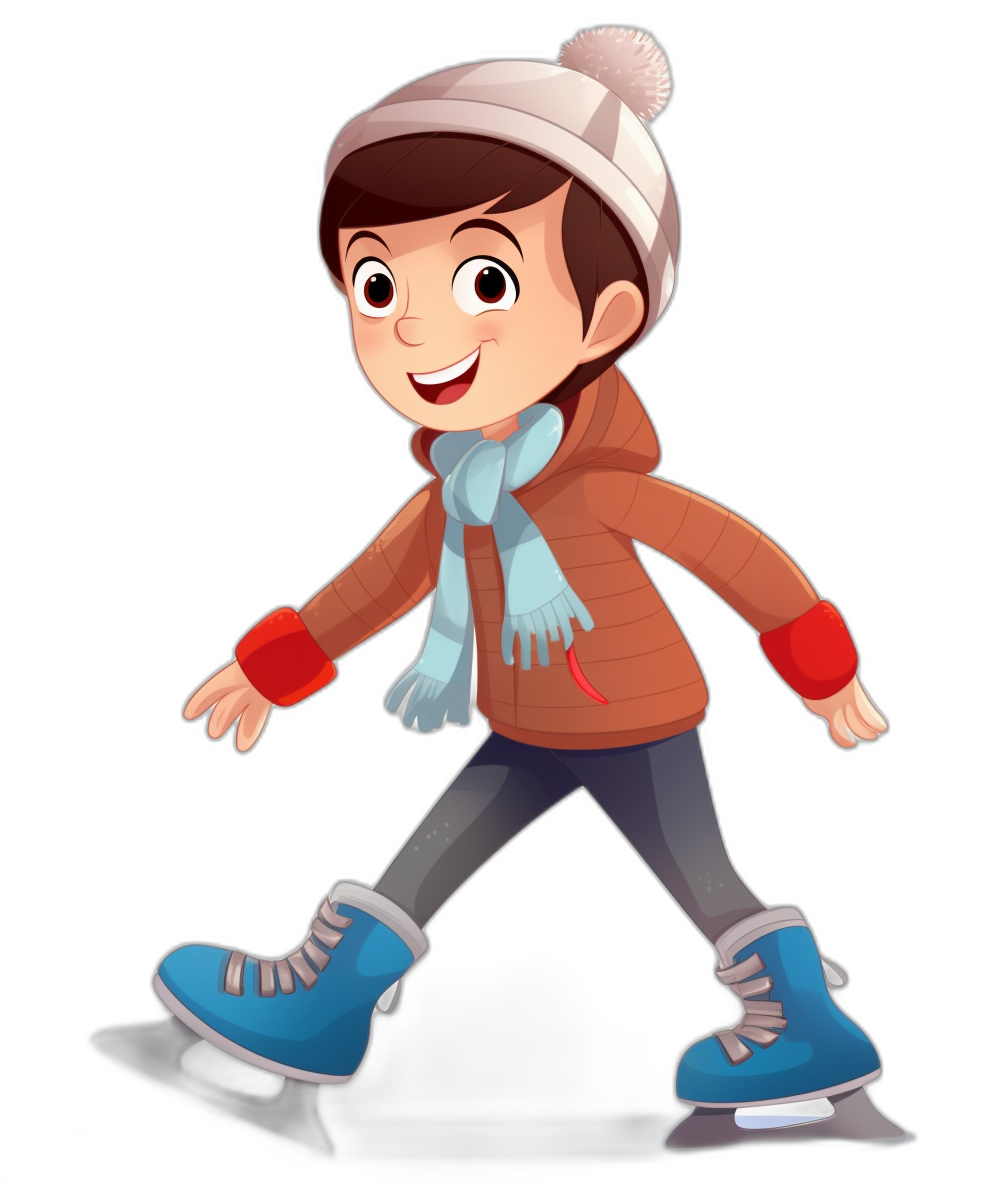 A cute cartoon boy ice skating, wearing winter  and blue skates on his feet, with a black background, in the style of a cartoon, simple design, showing his full body, as a flat illustration, graphic illustration, 2D illustration, with high resolution, high detail, and super quality.