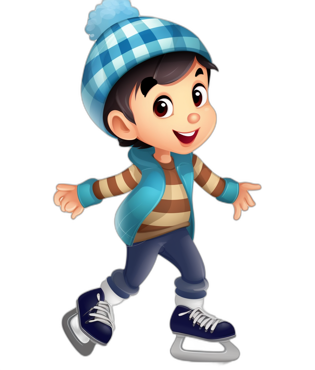 Cartoon character of an Asian boy wearing a blue and white checkered hat, a striped sweater with brown color on top, a dark green vest jacket over his shoulder, jeans pants and ice skates on his feet, smiling face expression while skating on a black background, 3D cartoon style illustration.