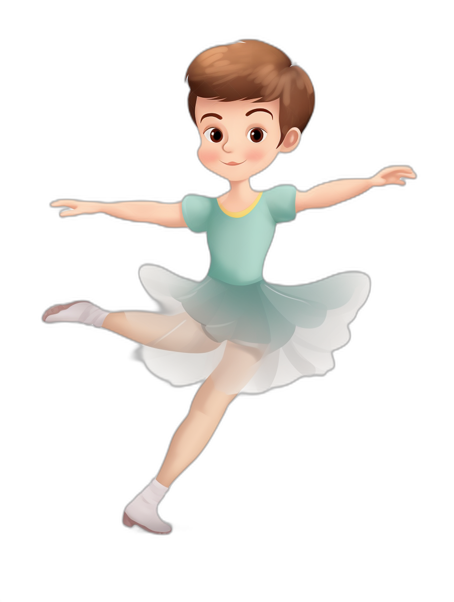 A little girl with short brown hair, wearing a light blue top and white ballet skirt is dancing on a black background in the style of a cartoon with simple lines and a flat illustration in a children’s version style similar to Pixar animation with cute modeling in the style of Disney with high-definition details and best quality at a high resolution.