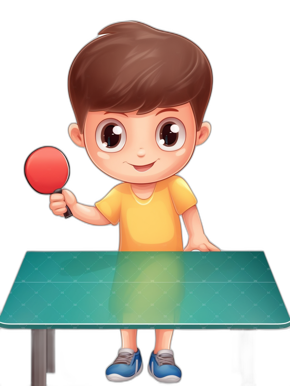 cartoon style illustration of a kid playing table tennis, vector art, simple design, black background, cute character design, simple color palette, full body portrait, high resolution, in the style of professional photography, soft shadows, no contrast, clean sharp focus