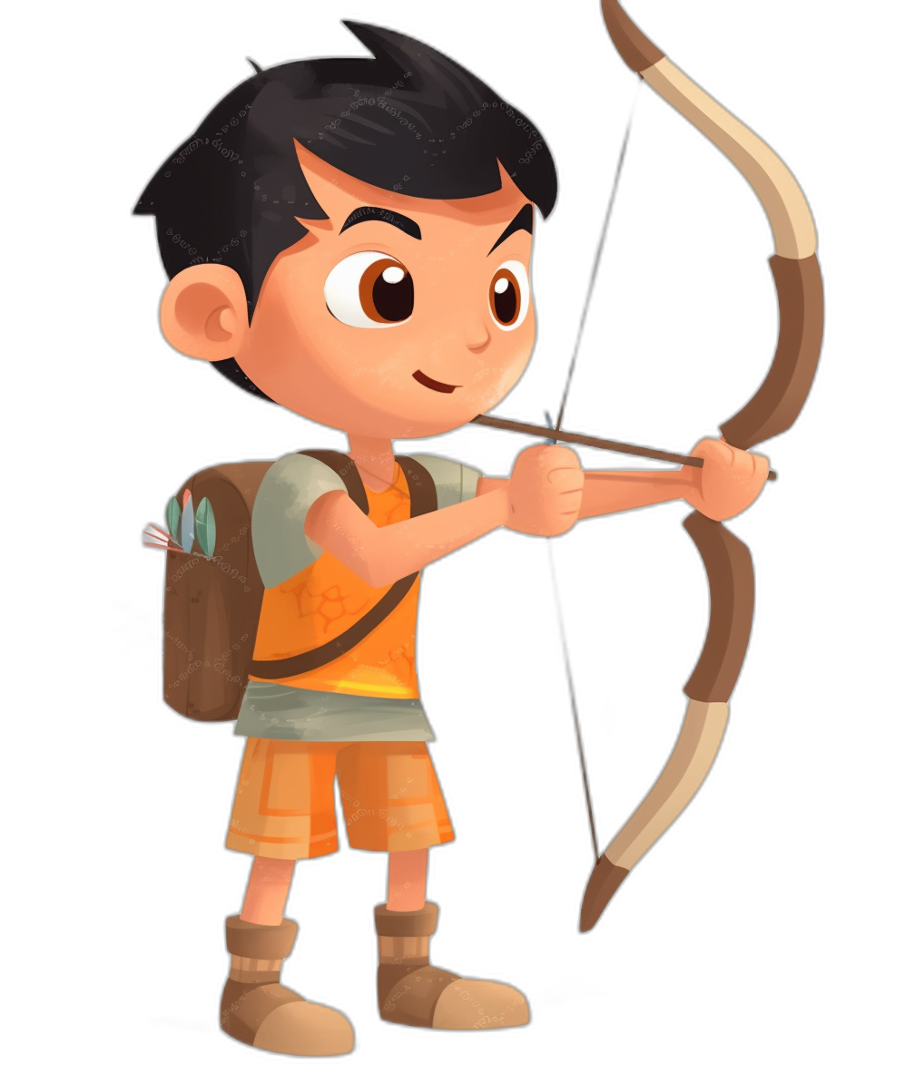 A cute cartoon avatar of an Asian boy with black hair, wearing shorts and holding his bow ready to shoot arrows. The background is pure white. He has bright brown eyes, fair skin tone, short hair length and bangs. Full body shot. A small bag was hanging on his back, which also held some adventure tools. Black solid color background. In the style of Pixar.