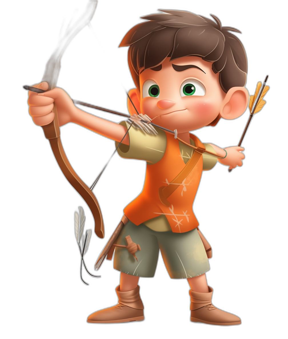 A cute cartoon character of an archer boy, full body, on a black background. The concept art is in the style of Pixar and cgsociety character design, with a Disney style illustration rendered in Maya. The character is holding a bow and arrow. The young man has short brown hair with green eyes, wearing an orange vest over a grey shirt and khaki pants.