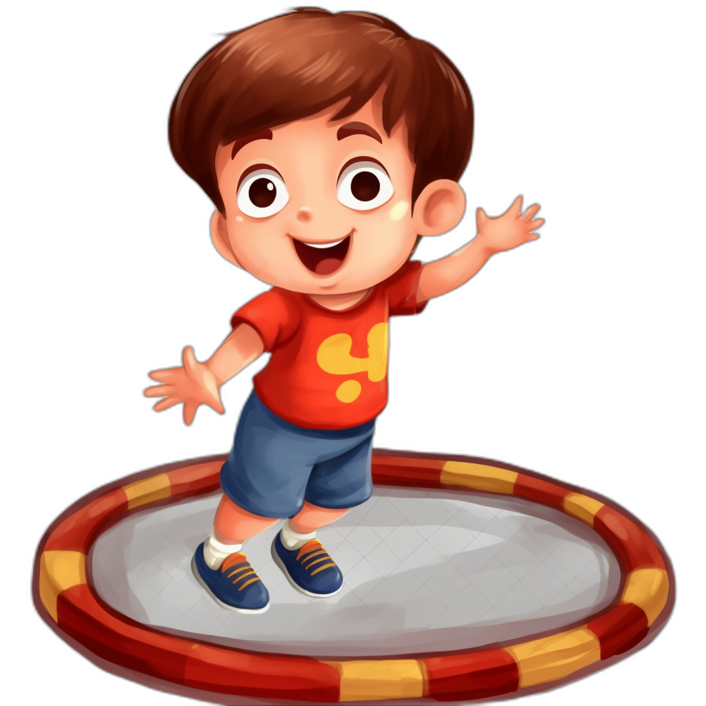 An illustration of a cartoon-style boy character standing on top of a trampoline, waving his hand to stop someone from jumping into it. The child should be wearing blue shorts and a red t-shirt with yellow stripes at shoulder level. He has brown hair and is smiling while looking directly ahead. The background is in black color. The cartoon style is suitable for children’s books or game graphics, in the style of cartoon illustrations.