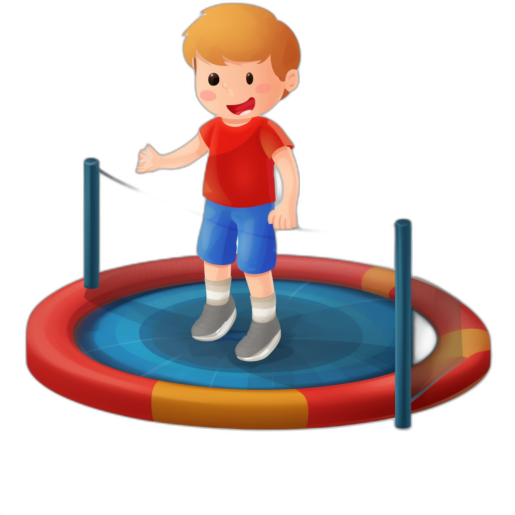 A cartoon boy is standing on a trampoline, wearing a red T-shirt and blue shorts against a black background. The style is similar to game icons with a simple design and colorful color scheme. It is a cartoon illustration with high resolution and detail. The drawing style is simple with flat painting and solid colors. Bright colors are used in the full body portrait with no shadows. The artwork has a 2D game art look using simple shapes and lines without shadows. Some aspects are in the style of blender 3D rendering with a black background and solid white border.