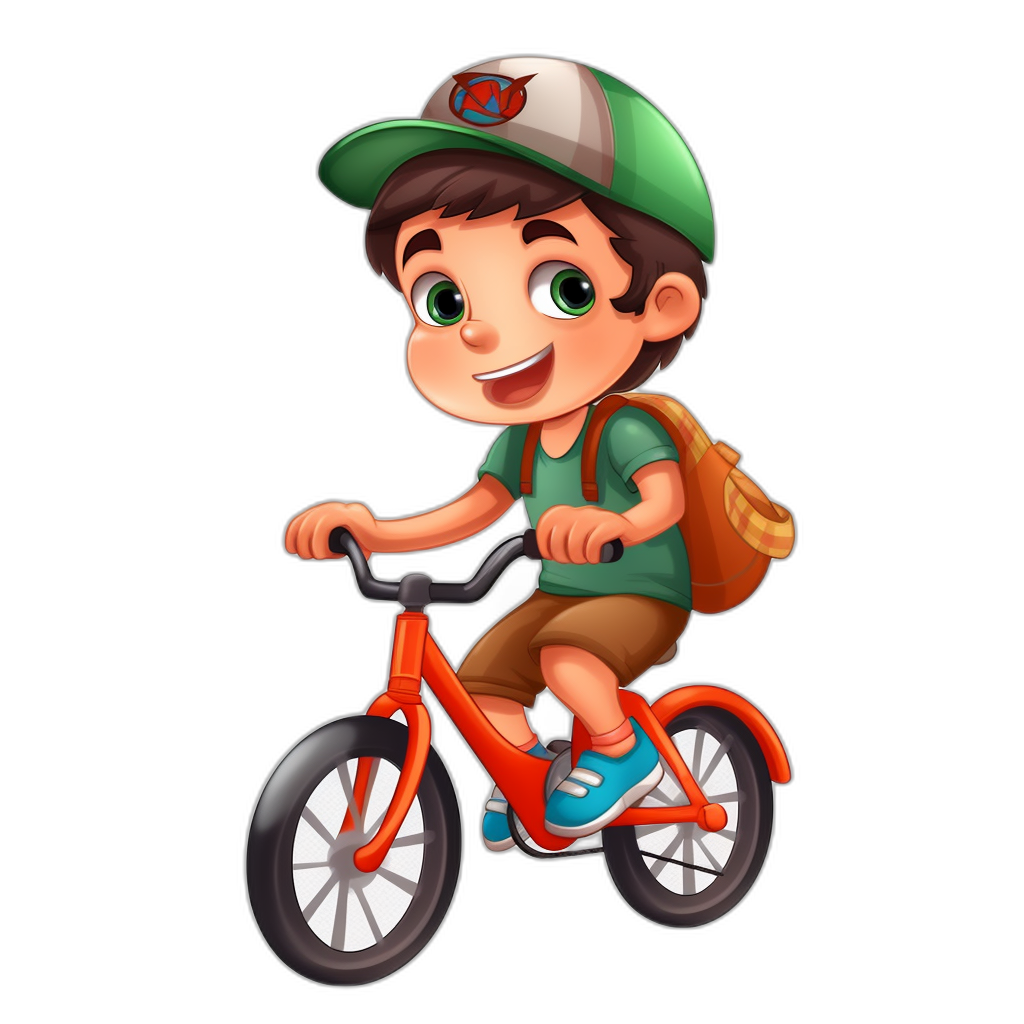 A cute cartoon boy is riding an orange bike, wearing green short sleeves and brown shorts with blue shoes on his feet. He has black hair, big eyes, long eyelashes, a bright smile, red lips, white teeth, and wears a baseball cap and backpack. The illustration is in a flat style on a pure black background with high resolution. It is a cute and colorful cartoon design in the style of 2D game art as a full body portrait of a cartoon character.