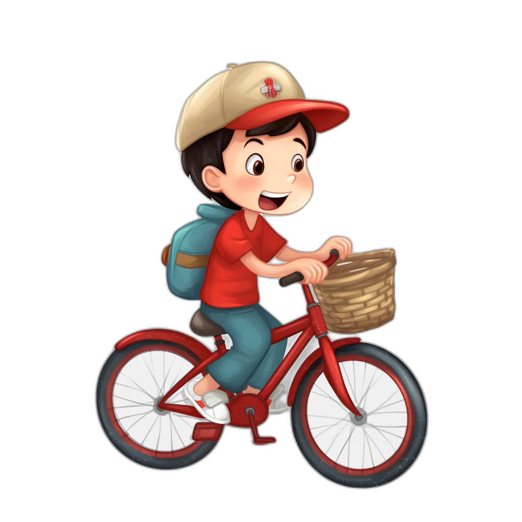 A cute boy is riding his bike with the red frame and white wheels, wearing an orange cap on his head, he has short black hair and brown eyes. He’s carrying a small basket in front of him filled with food, in the style of a cartoon with a simple design, simple colors, showing his full body, with a 2D effect, on a black background.