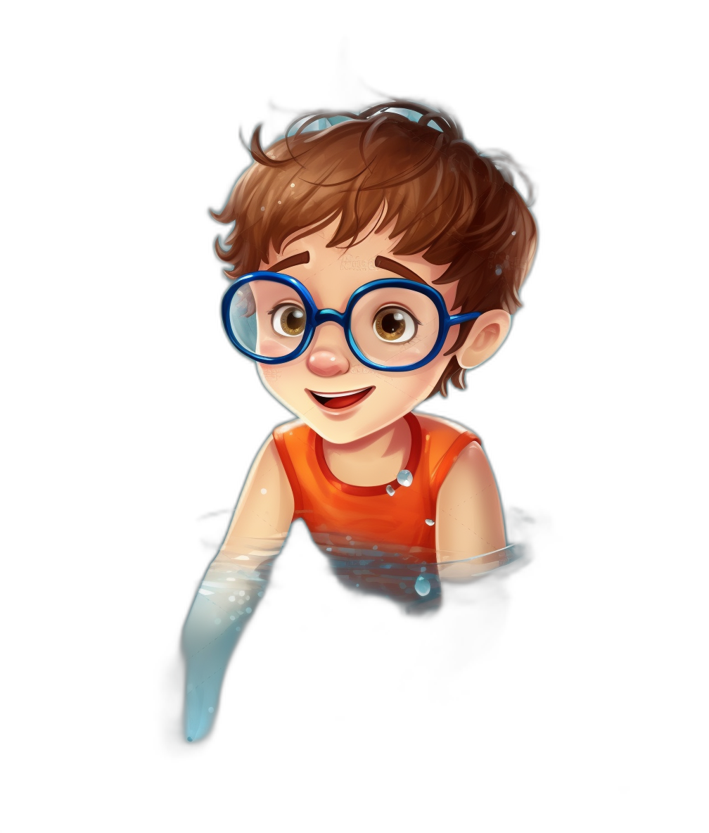 A cute little boy with blue glasses and brown hair, smiling at the camera from under water in an orange tank top against a black background in the style of cartoon style and Disney Pixar character design, digital art