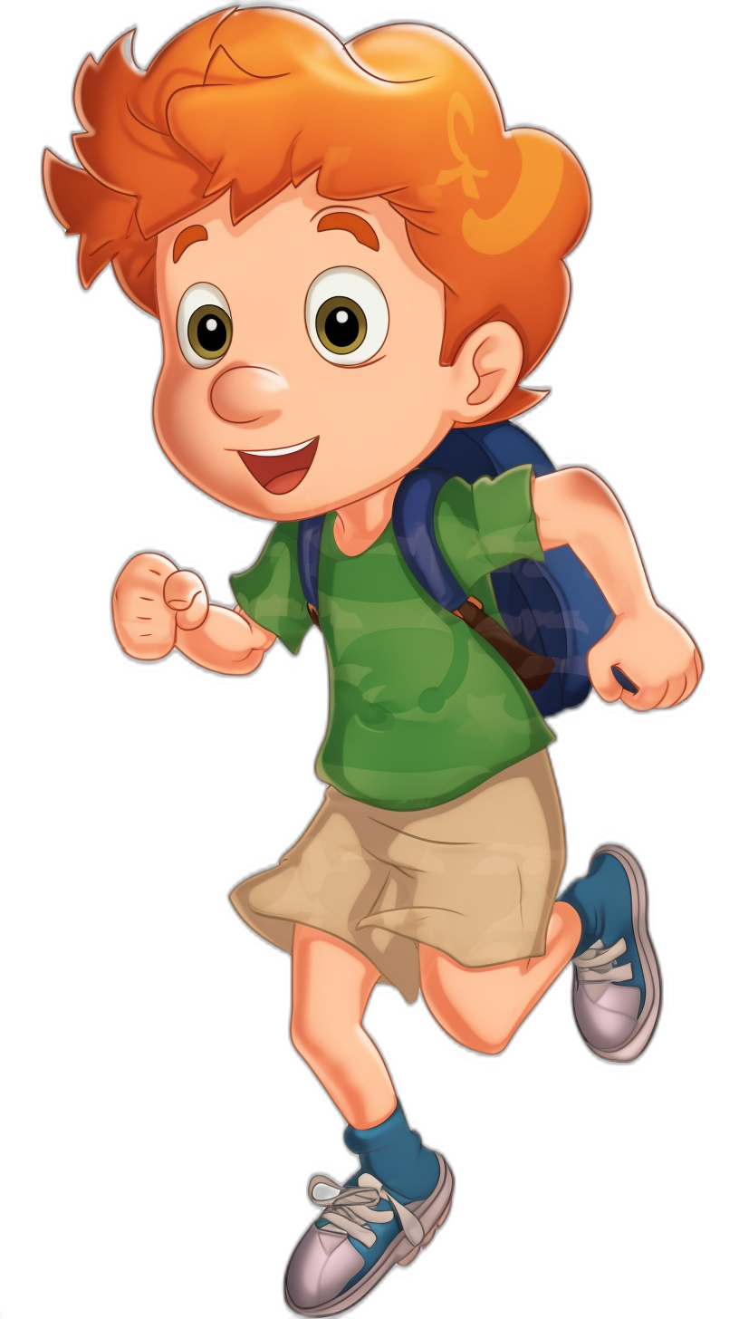 A cartoon character of an adorable little boy with ginger hair, a green shirt and tan shorts running in the style of Pixar animation. The background is black. He has big eyes, a small nose and a smiling mouth wearing blue shoes and carrying a backpack. He’s happy and energetic with no spelling or grammar errors, repeated words, or Chinese characters.