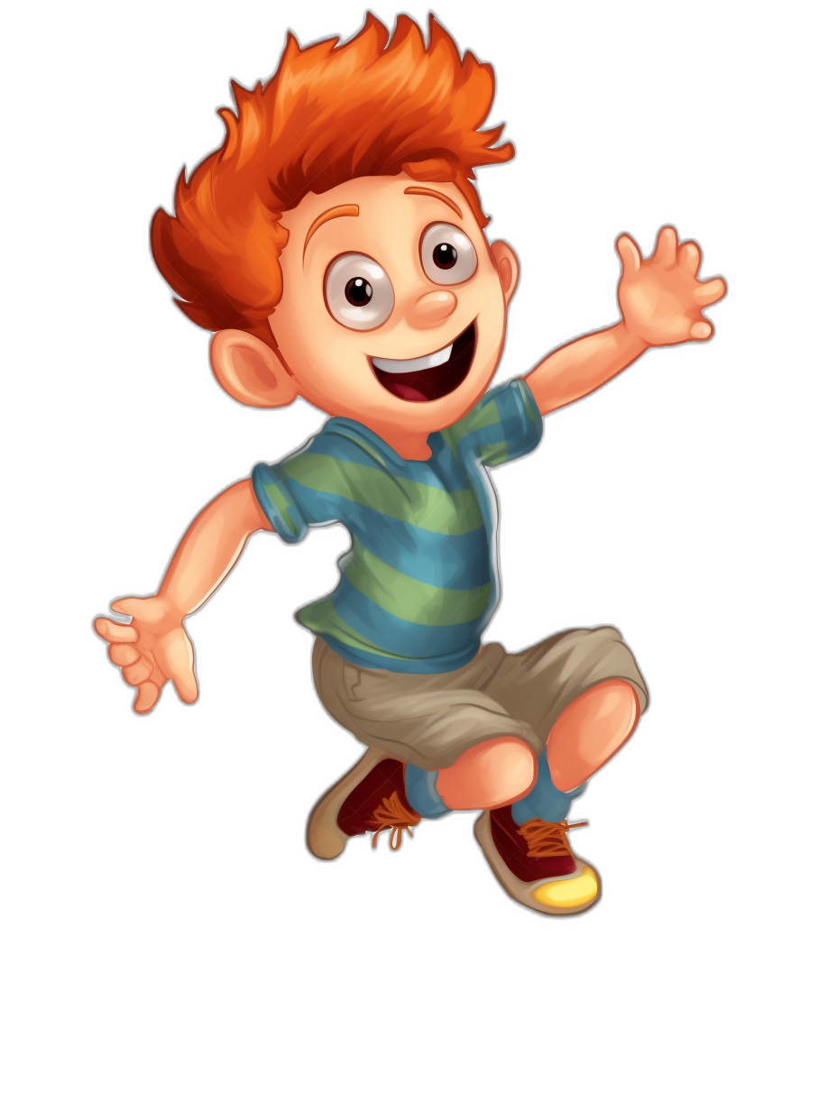 Cute cartoon character of a red-haired boy in a blue and green striped shirt and brown shorts skating and jumping up with a happy face on a black background, in the style of Pixar, in the style of Disney animation, 2D illustration, high resolution, high quality, high detail, sharp focus, studio photo, high definition details, maximum texture details, maximum color detailed skin textures, super realistic skin, super clear details, sharp lines, high contrast.