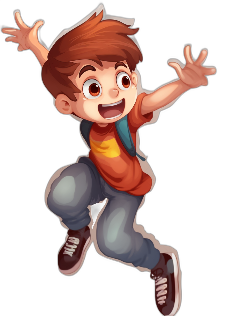 A cartoon-style illustration of an excited young boy jumping, wearing casual  and sneakers with a black background. The character is designed in the style typical for children’s books or animated films like Pixar, vibrant and expressive. He has brown hair and bright eyes, dressed casually to match his cheerful demeanor. His pose captures him mid-jump as he holds out one hand towards the viewer. This full-body shot emphasizes his excitement and energy.