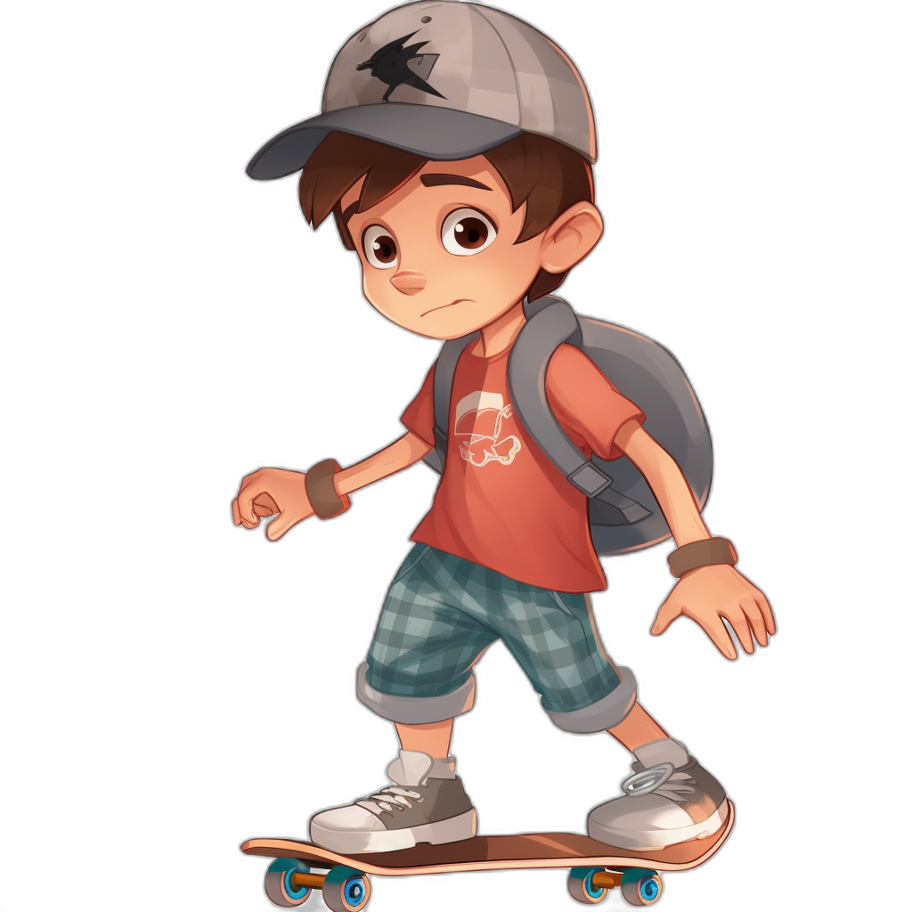 A cartoon boy with brown hair, wearing a gray baseball cap and a red t-shirt, blue plaid shorts, and silver sneakers on a skateboard in the style of Disney Pixar with a full body on a black background.