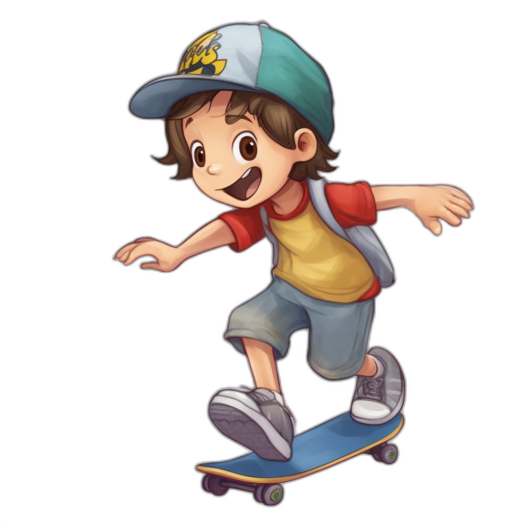 A cartoon-style illustration of an excited boy with brown hair, wearing a cap and shirt, shorts, sneakers and skateboard on a black background. The character is depicted in vibrant colors against the stark contrast of the solid color backdrop. He is smiling wide as he rides his blue skateboard, exuding happiness for such a fun activity. His outfit includes casual attire perfect for both playtime or school. The illustration is in the style of a cartoon.