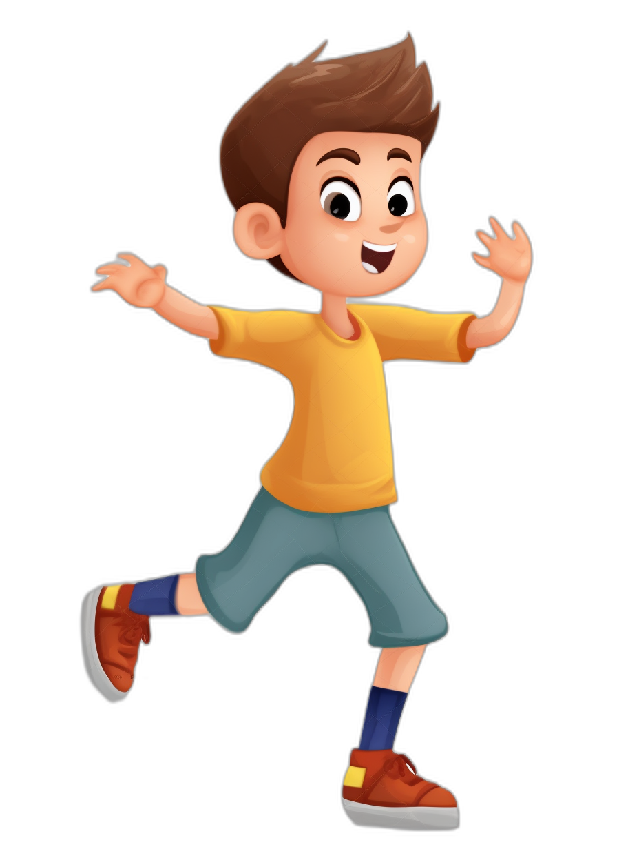 A cartoon character of an American boy with brown hair and blue eyes, wearing a short cut, yellow shirt, dark grey pants, and shoes. He is smiling and dancing on a black background. The illustration is done in the style of Pixar animation. It should have bright colors, clear lines, and exaggerated expressions to make it look lively and cheerful.