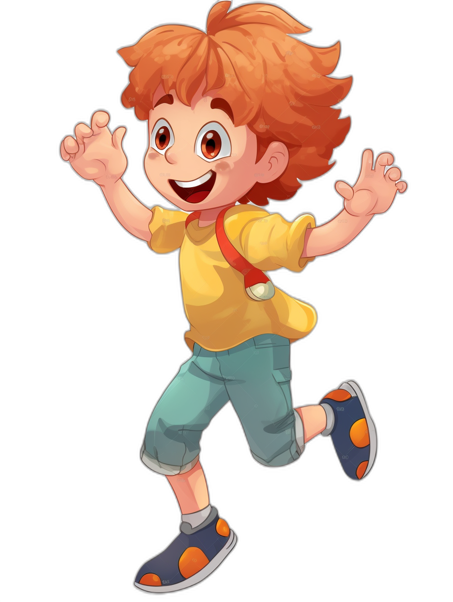 A cute little boy with red hair, yellow shirt and blue shorts running happily in the air with a happy expression. The style is similar to Pixar with simple black background, colorful cartoon characters in a vector graphic style with bright colors and high resolution. The full body perspective is shown with a wideangle lens and high contrast. The overall color scheme is mainly orange.